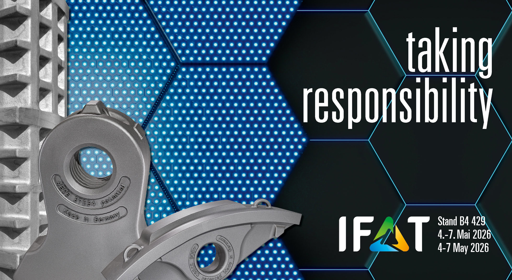 SWB-Verschleißteile vor einem Hintergrund aus blauen Waben mit dem englischsprachigen Text 'taking responsibiliy' und dem Hinweis auf die Messe IFAT 2026; SWB wear parts with a background out of blue hexagons, the text 'taking responsibility' and information regarding the trade fair IFAT 2026