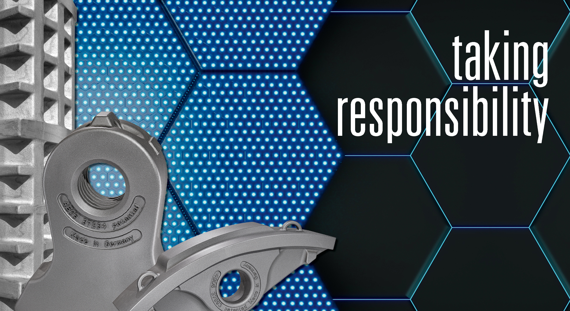 SWB-Verschleißteile vor einem Hintergrund aus blauen Waben mit dem englischsprachigen Text 'taking responsibiliy'; SWB wear parts with a background out of blue hexagons, the text 'taking responsibility'